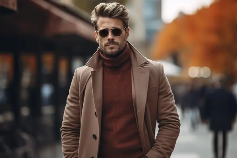 Stylizacje jesienne dla panów - stylowo z modnym akcentem Mężczyzna w okularach przeciwsłonecznych w stylizacji jesiennej ubrany w golf i płaszcz