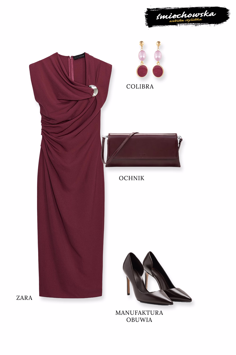 Stylizacje świąteczne Elegancka, burgundowa sukienka świąteczna z marszczeniem marki Zara, połączona z klasycznymi, ciemnymi szpilkami.