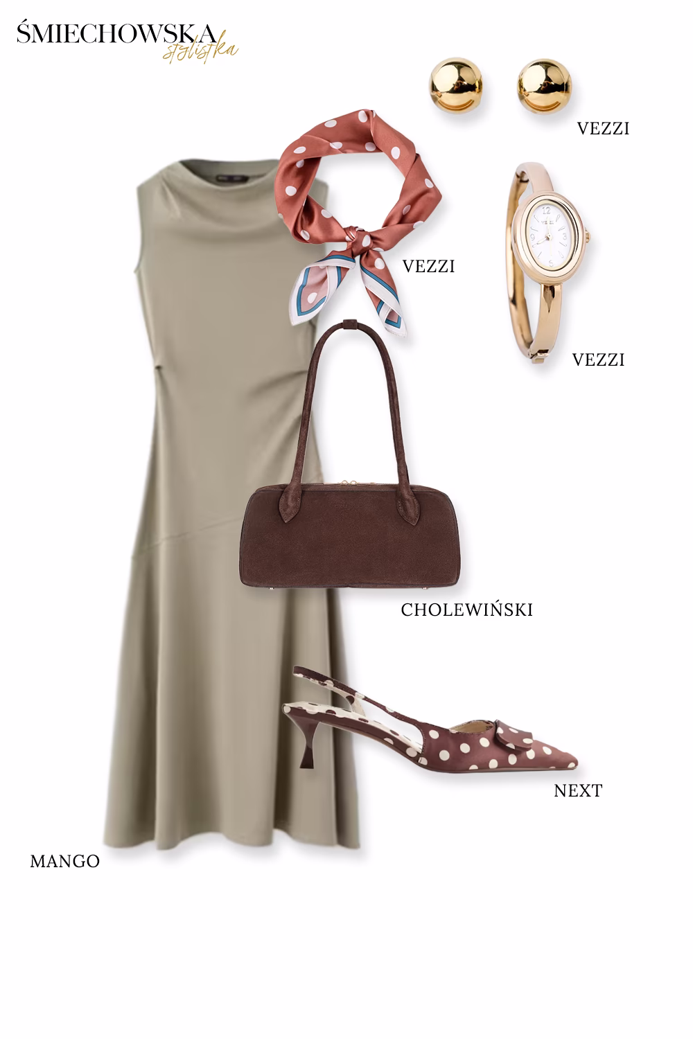 Jak nosić grochy i kropki po 40 Minimalistyczna, oliwkowa sukienka midi zestawiona z brązowymi czółenkami typu slingback w kropki i wzorzystą apaszką. Przykład, jak punktowo stosować wyrazisty print w eleganckiej stylizacji.