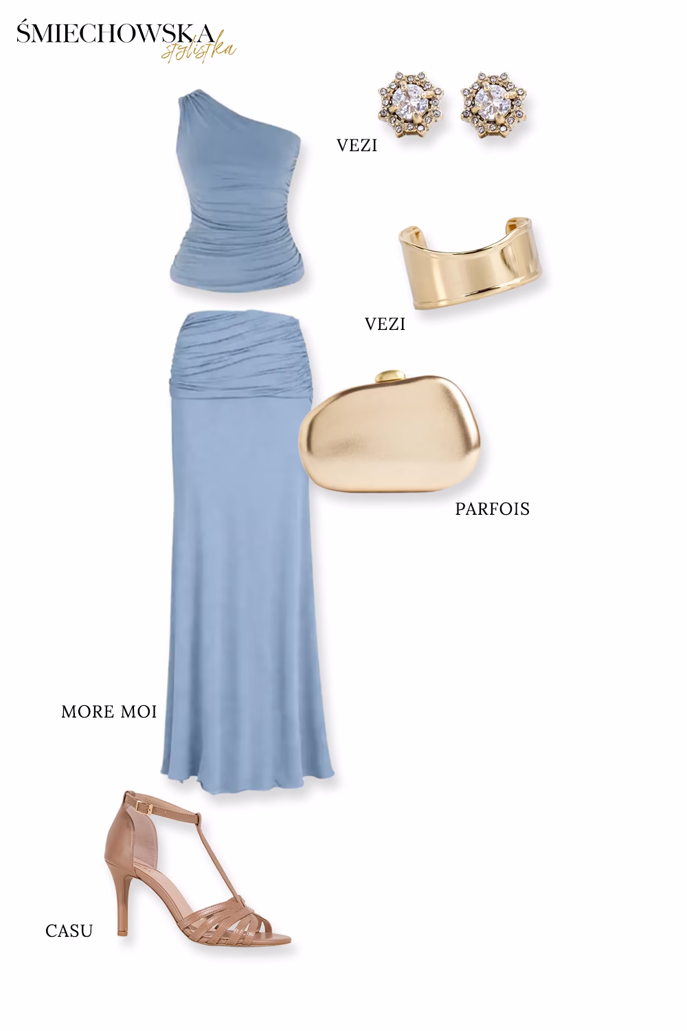 Buty nude hit wiosny 2026 Elegancka letnia stylizacja: dopasowana błękitna sukienka maxi z marszczeniami, zestawiona z cielistymi sandałami na obcasie, złotą kopertówką i masywną biżuterią. Buty nude wydłużają nogi i nie konkurują z kolorem kreacji.